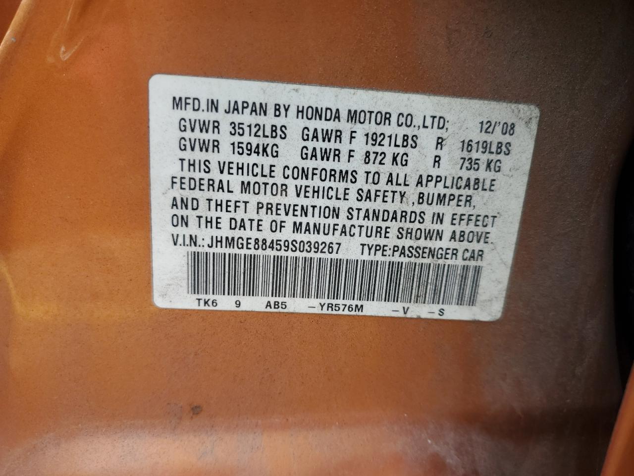 2009 Honda Fit Sport VIN: JHMGE88459S039267 Lot: 86147785