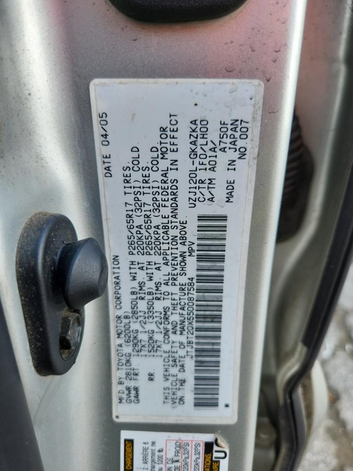 2005 Lexus Gx 470 VIN: JTJBT20X550087584 Lot: 85889525