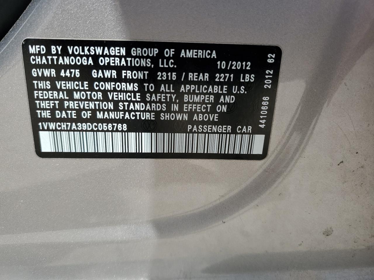 2013 Volkswagen Passat Sel VIN: 1VWCH7A39DC056768 Lot: 82265965