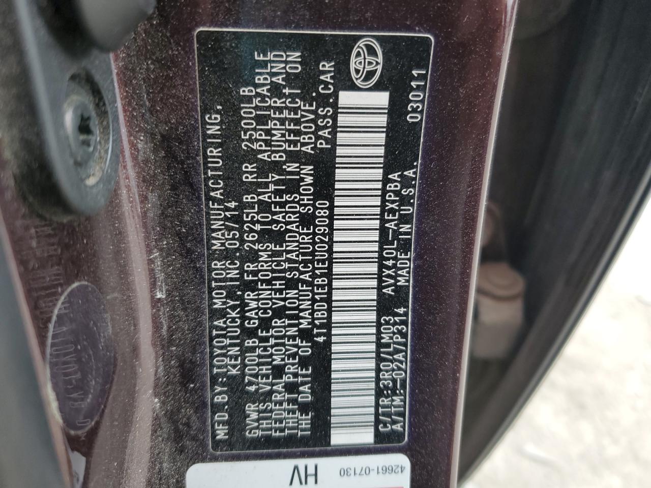 2014 Toyota Avalon Hybrid VIN: 4T1BD1EB1EU029080 Lot: 82719035