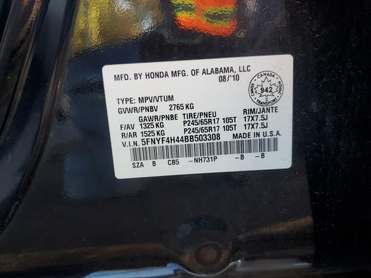 2011 Honda Pilot Ex VIN: 5FNYF4H44BB503308 Lot: 85167095