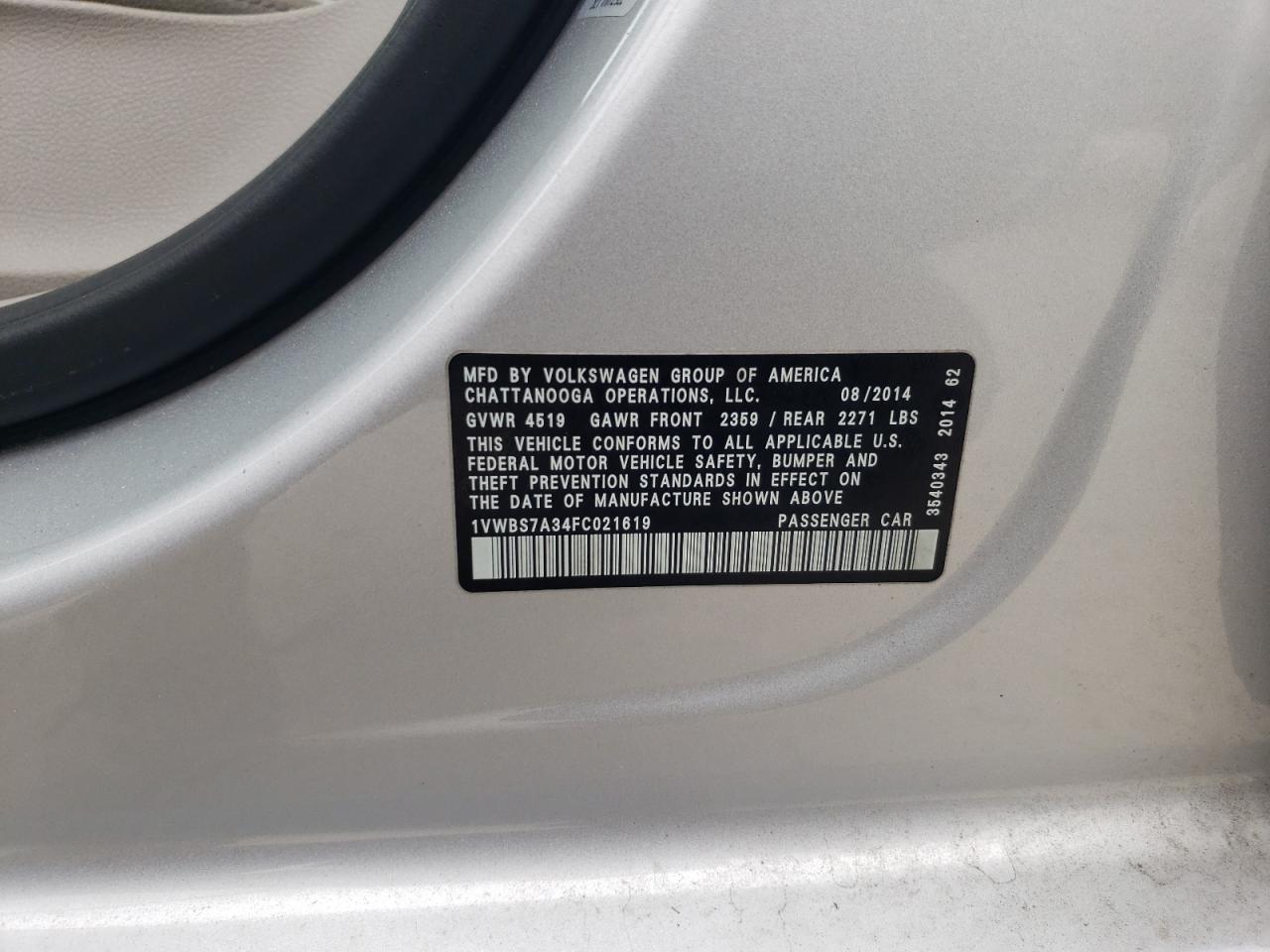 2015 Volkswagen Passat Se VIN: 1VWBS7A34FC021619 Lot: 82453485