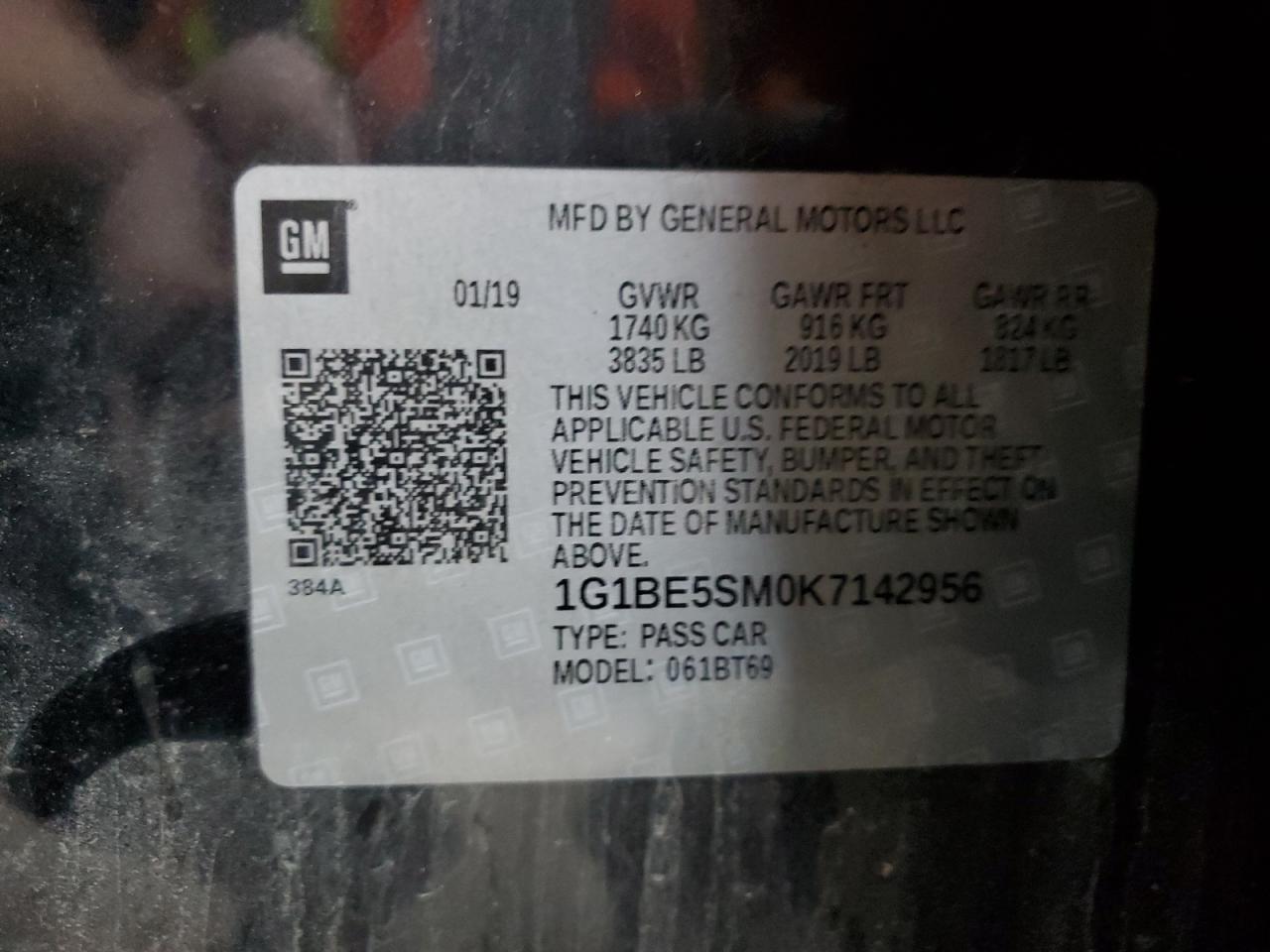 2019 Chevrolet Cruze Lt VIN: 1G1BE5SM0K7142956 Lot: 82683585