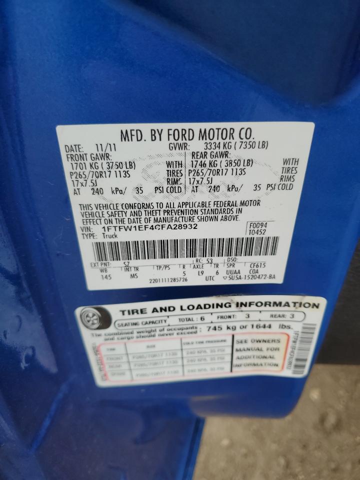 2012 Ford F150 Supercrew VIN: 1FTFW1EF4CFA28932 Lot: 84917135