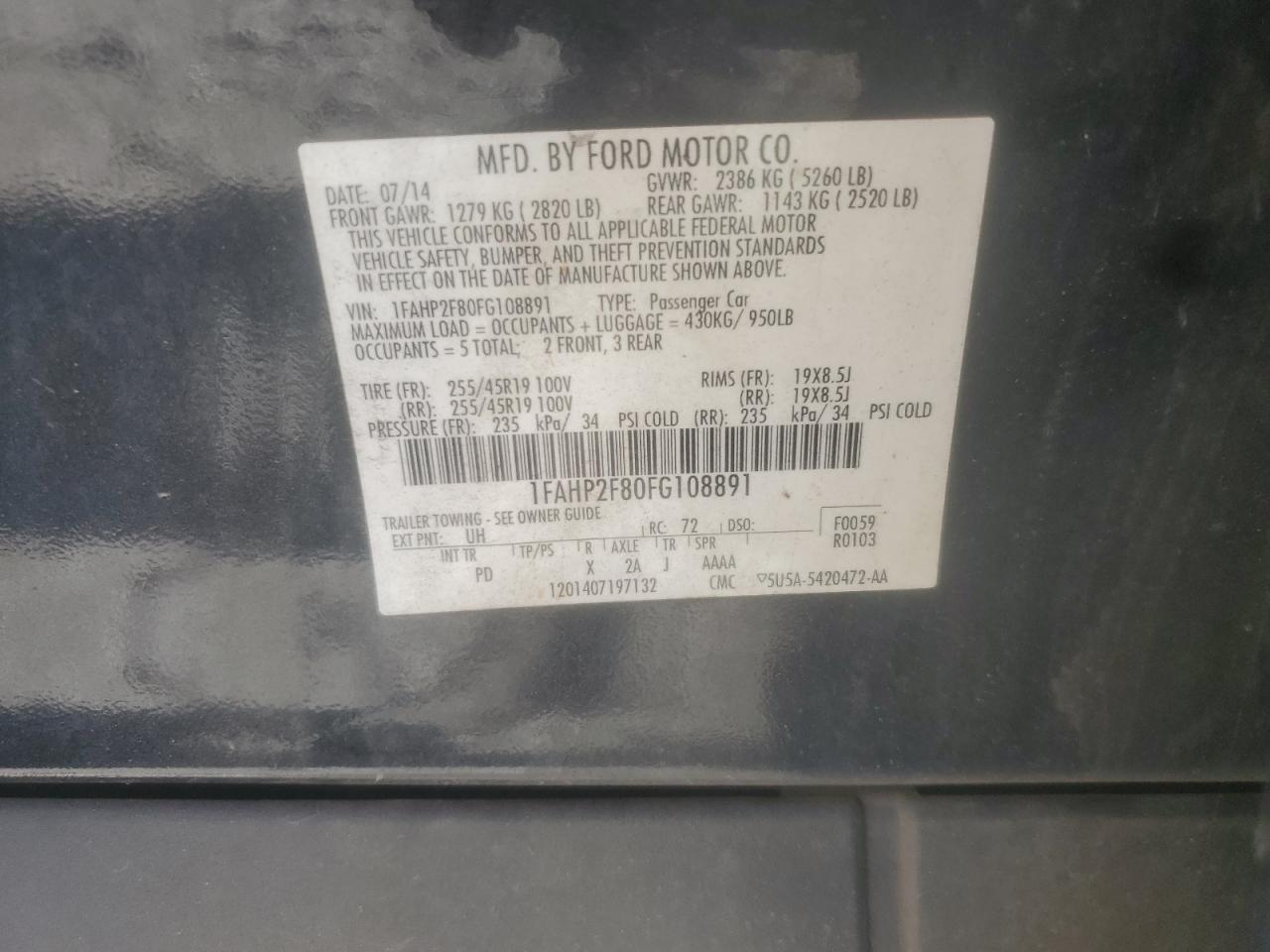 2015 Ford Taurus Limited VIN: 1FAHP2F80FG108891 Lot: 86800785