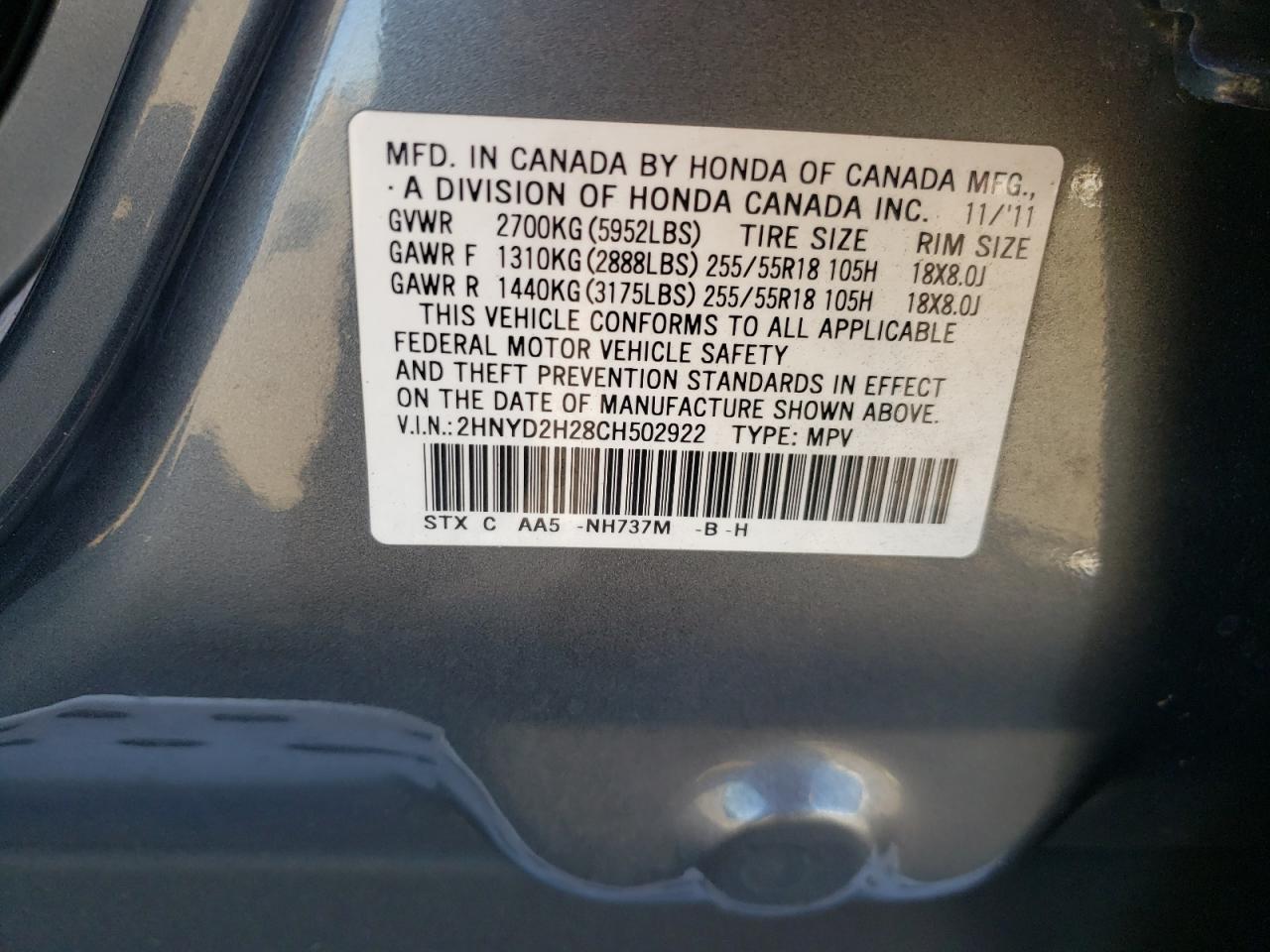 2012 Acura Mdx VIN: 2HNYD2H28CH502922 Lot: 85709755