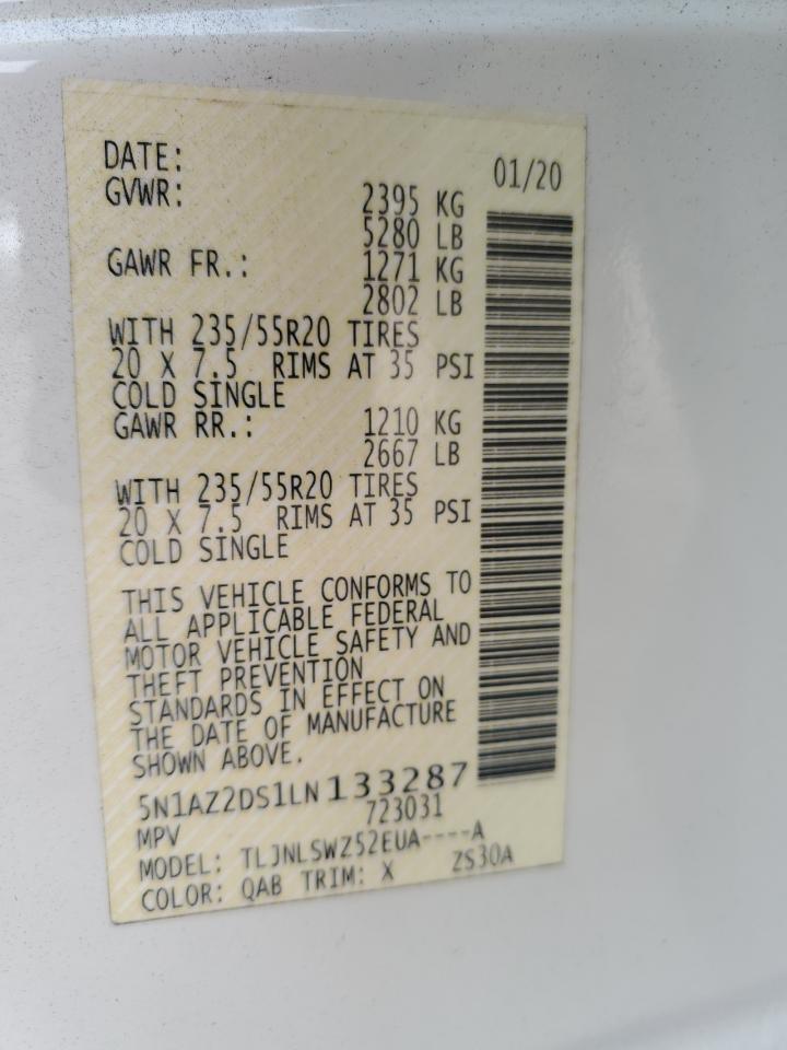 2020 Nissan Murano Platinum VIN: 5N1AZ2DS1LN133287 Lot: 82282515