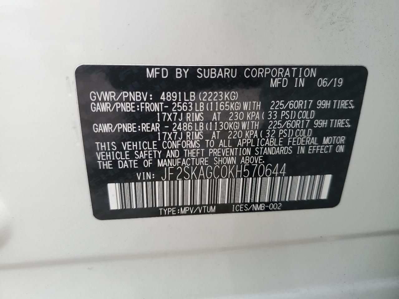 2019 Subaru Forester Premium VIN: JF2SKAGC0KH570644 Lot: 84248675