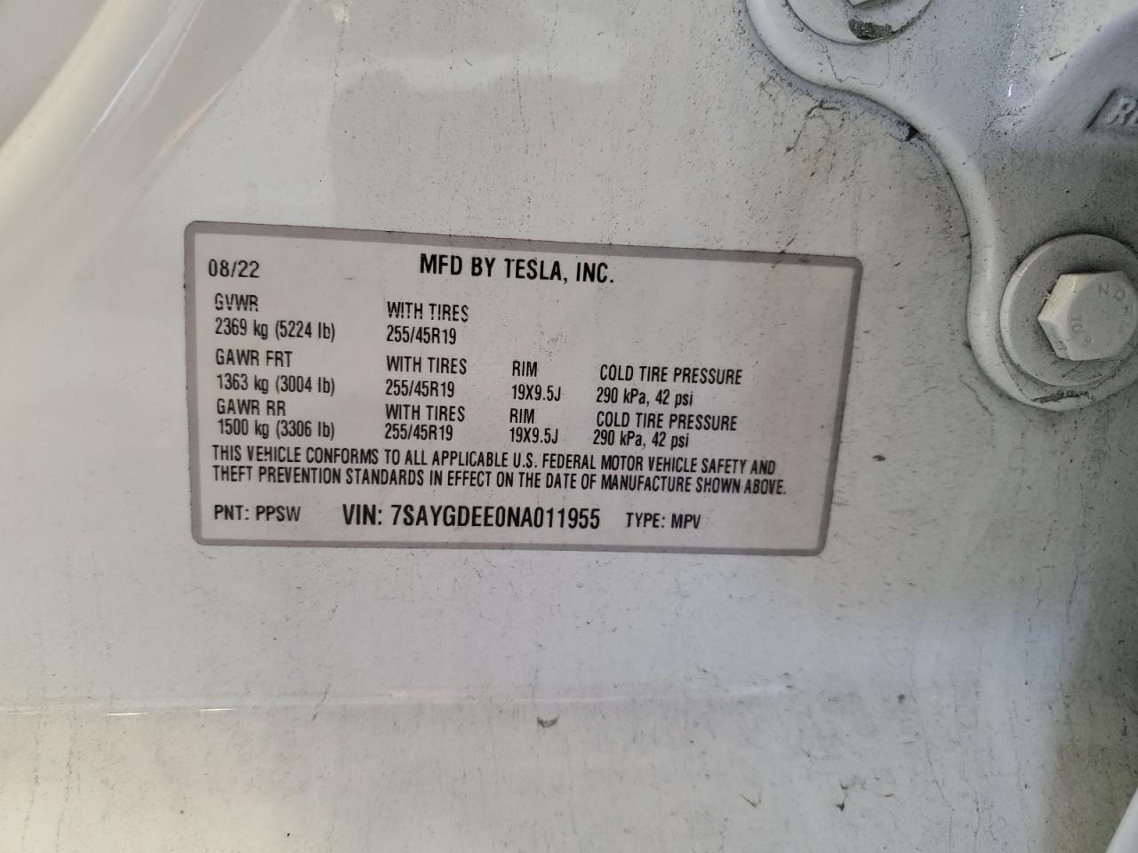 2022 Tesla Model Y VIN: 7SAYGDEE0NA011955 Lot: 87469875