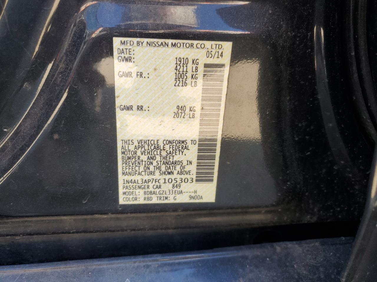 2015 Nissan Altima 2.5 VIN: 1N4AL3AP7FC105303 Lot: 86615105