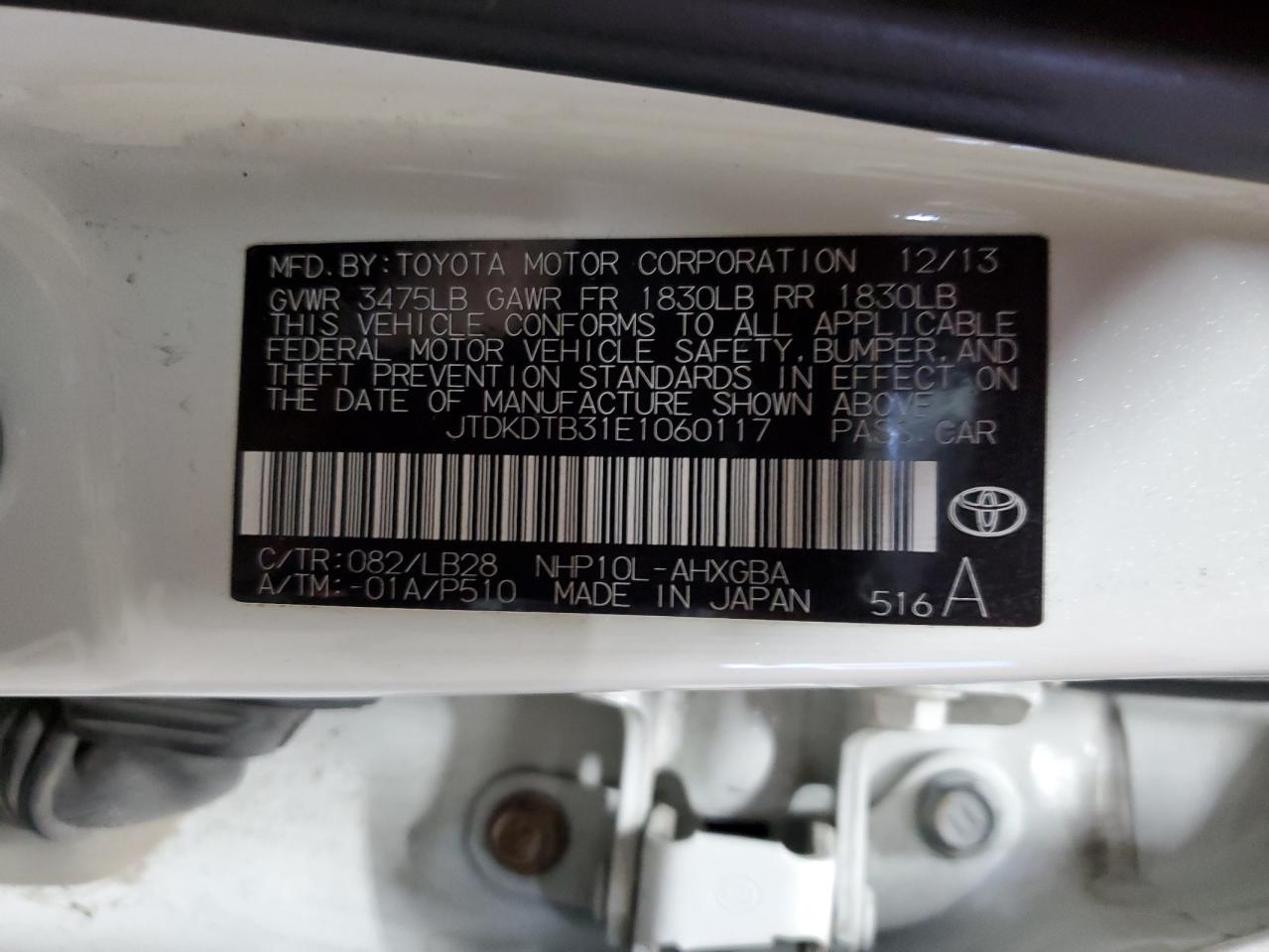 2014 Toyota Prius C VIN: JTDKDTB31E1060117 Lot: 86157005