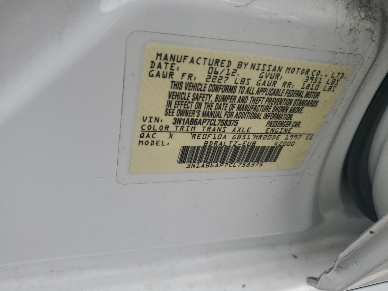 2012 Nissan Sentra 2.0 VIN: 3N1AB6AP7CL758375 Lot: 85570225