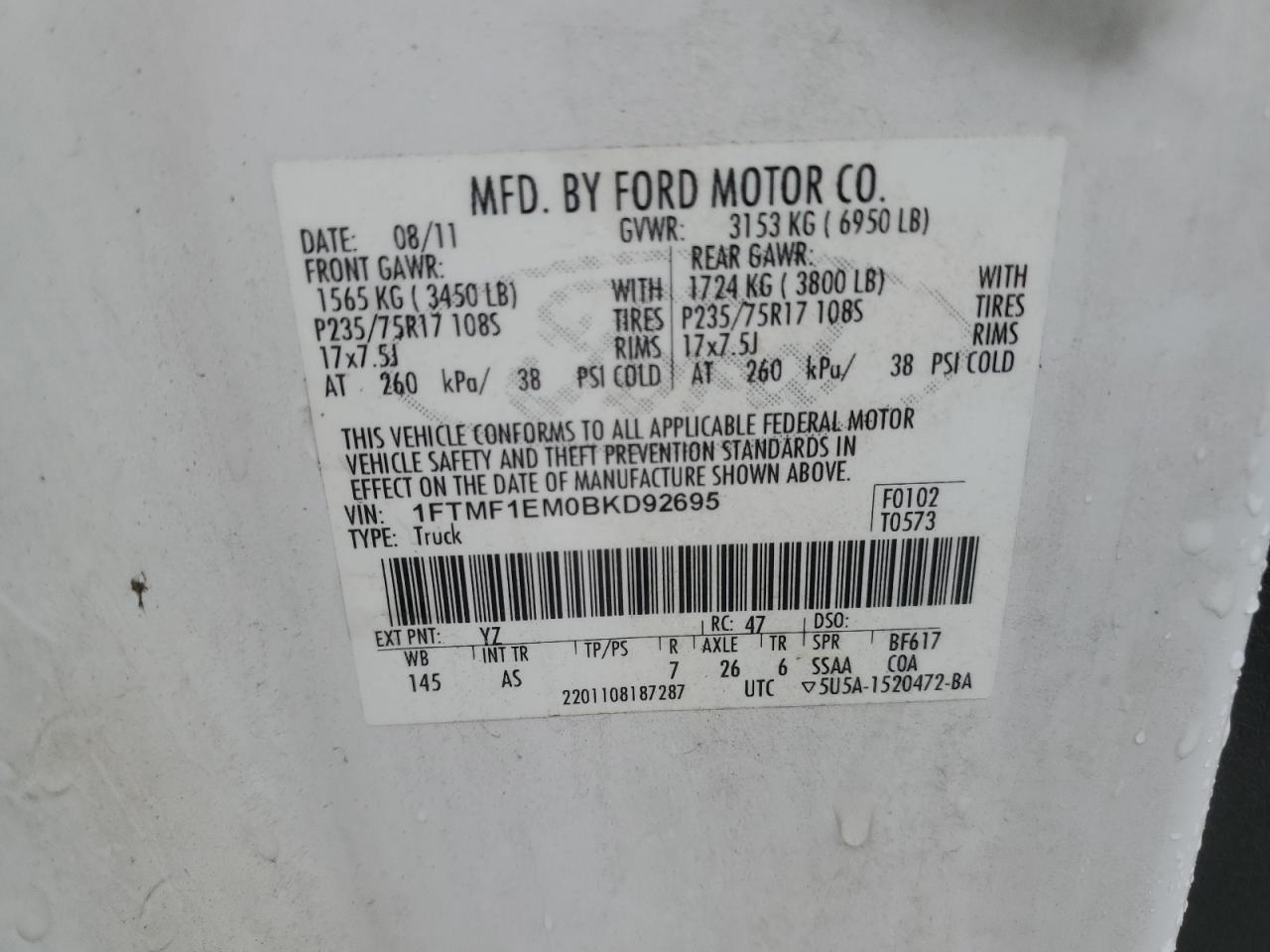 2011 Ford F150 VIN: 1FTMF1EM0BKD92695 Lot: 85693775