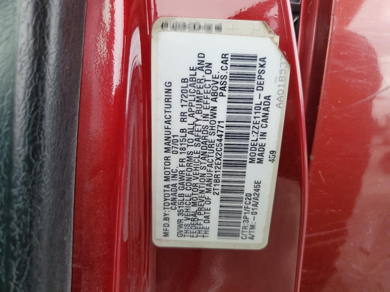 2002 Toyota Corolla Ce VIN: 2T1BR12EX2C544771 Lot: 82361585