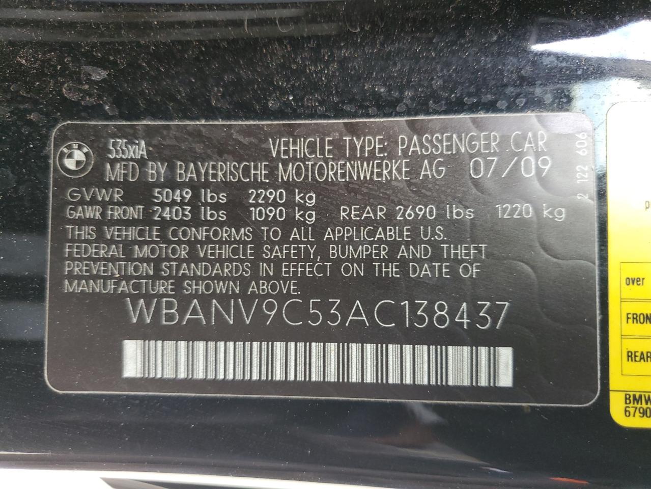 2010 BMW 535 Xi VIN: WBANV9C53AC138437 Lot: 85733525