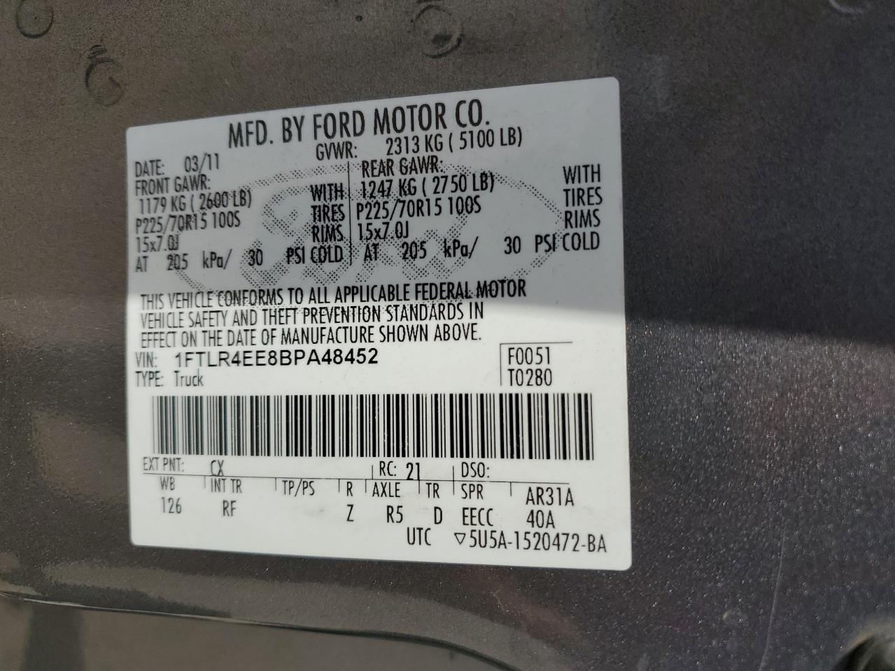 2011 Ford Ranger Super Cab VIN: 1FTLR4EE8BPA48452 Lot: 84975035