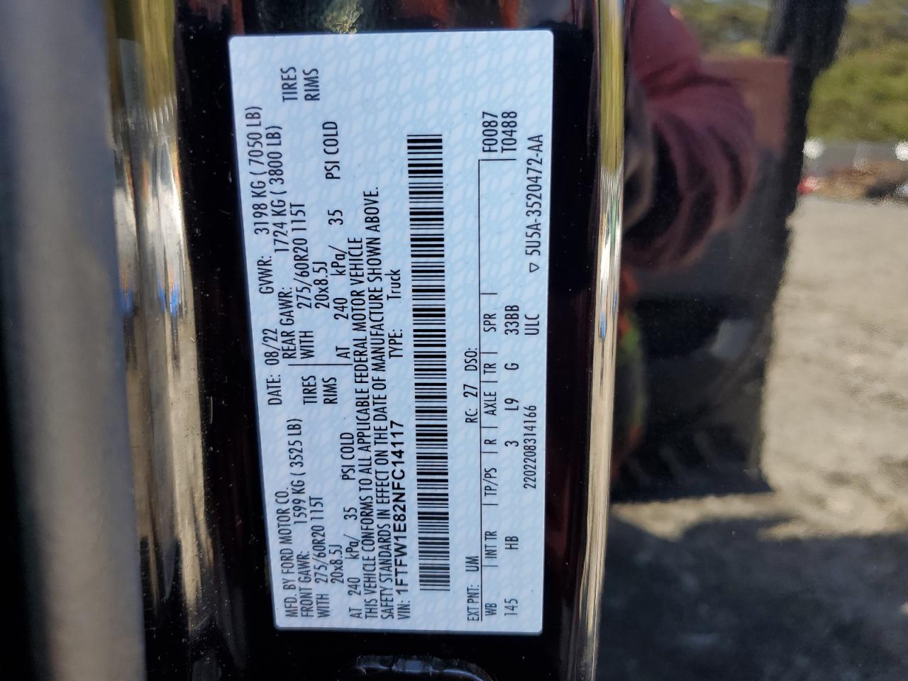 2022 Ford F150 Supercrew VIN: 1FTFW1E82NFC14117 Lot: 86807875