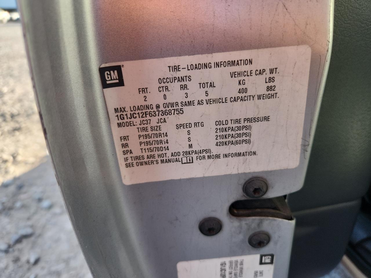 2003 Chevrolet Cavalier VIN: 1G1JC12F637368755 Lot: 85942095