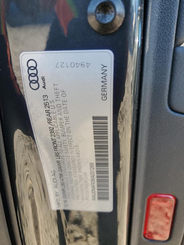 2019 Audi A4 Premium VIN: WAUDNAF43KA031269 Lot: 90113805