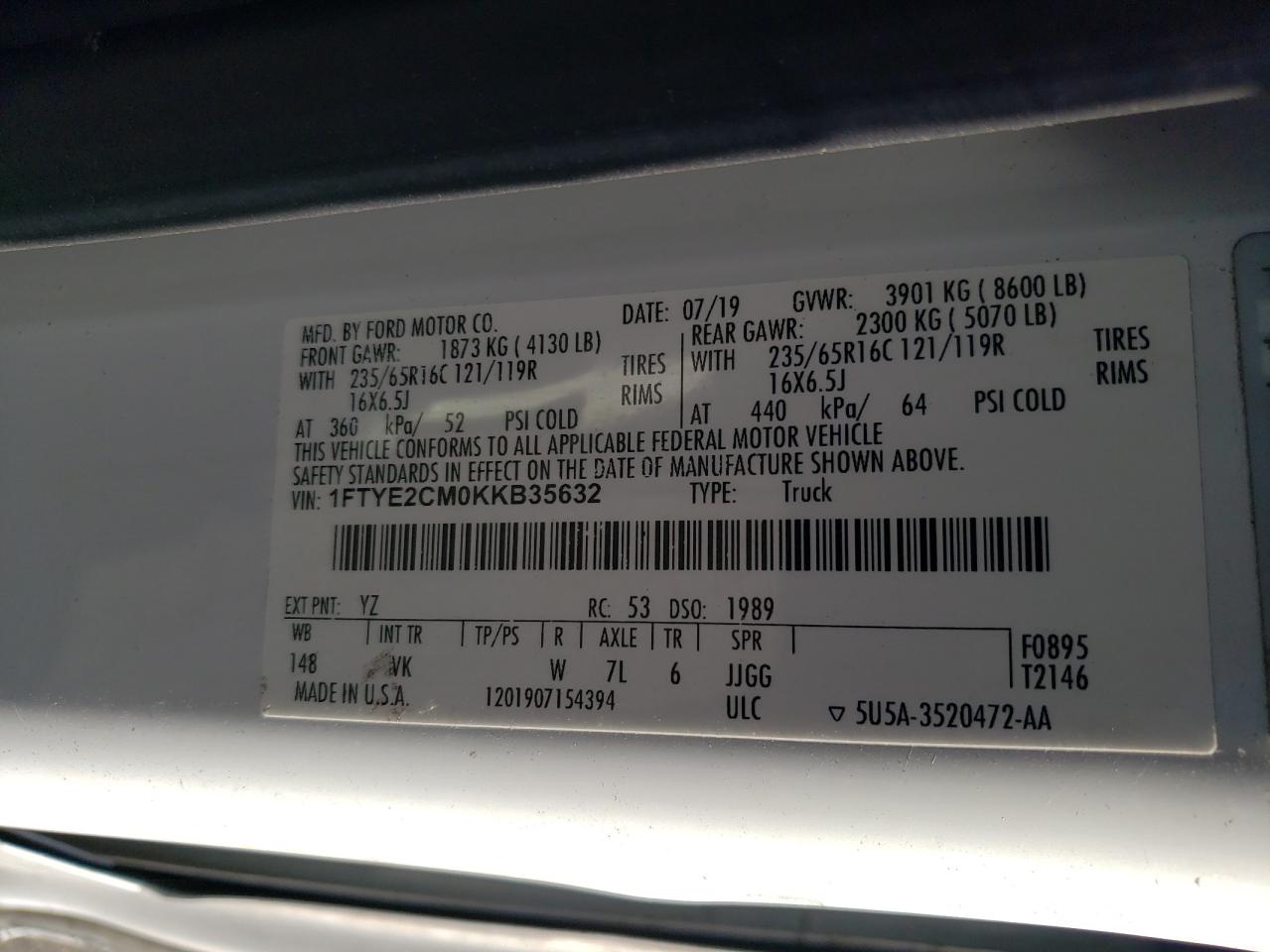 2019 Ford Transit Delivery Van VIN: 1FTYE2CM0KKB35632 Lot: 86290375