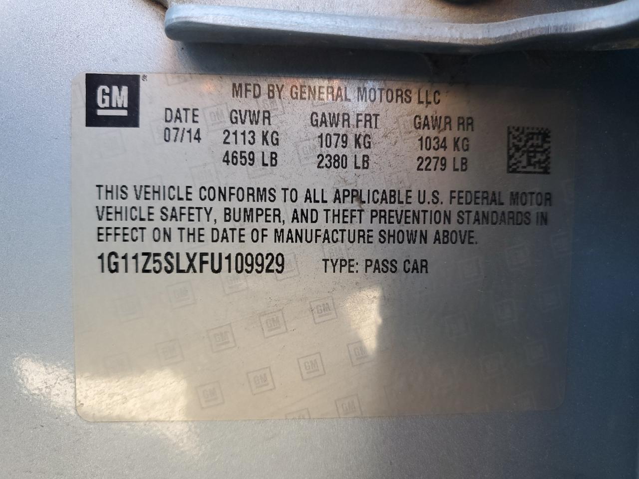 2015 Chevrolet Impala Ls VIN: 1G11Z5SLXFU109929 Lot: 84896725