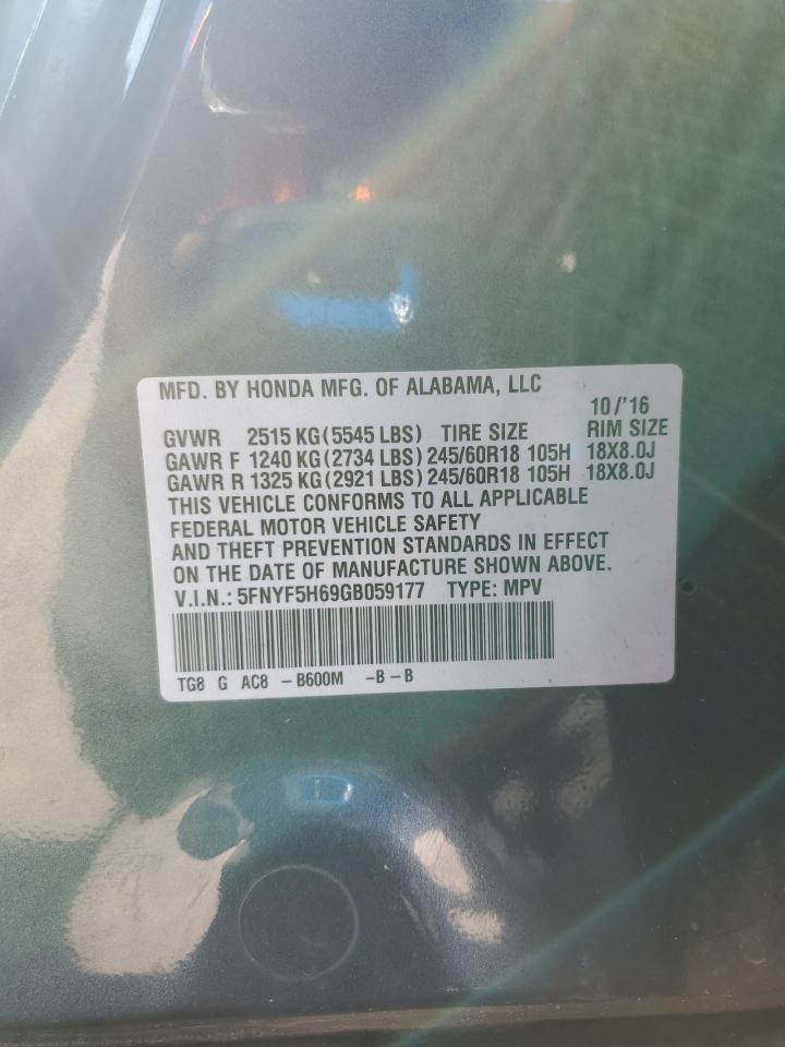 2016 Honda Pilot Exl VIN: 5FNYF5H69GB059177 Lot: 87205245