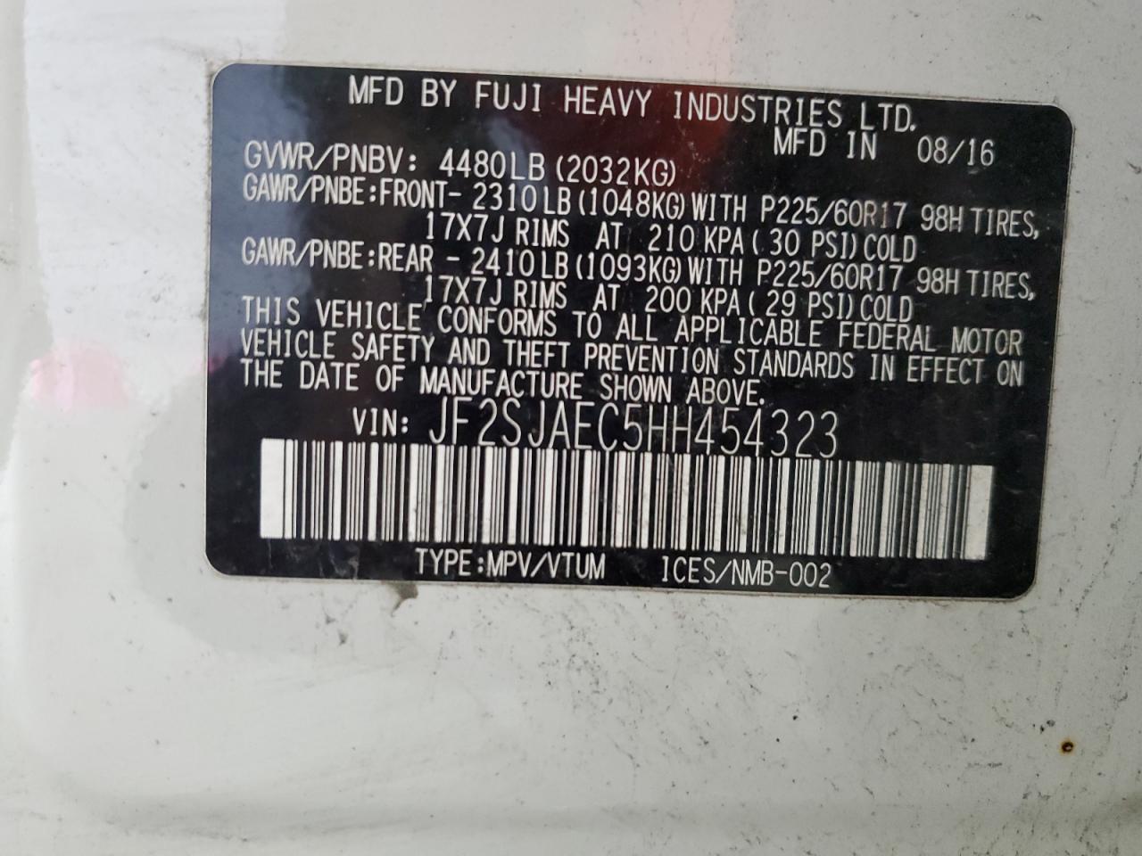 2017 Subaru Forester 2.5I Premium VIN: JF2SJAEC5HH454323 Lot: 82243015