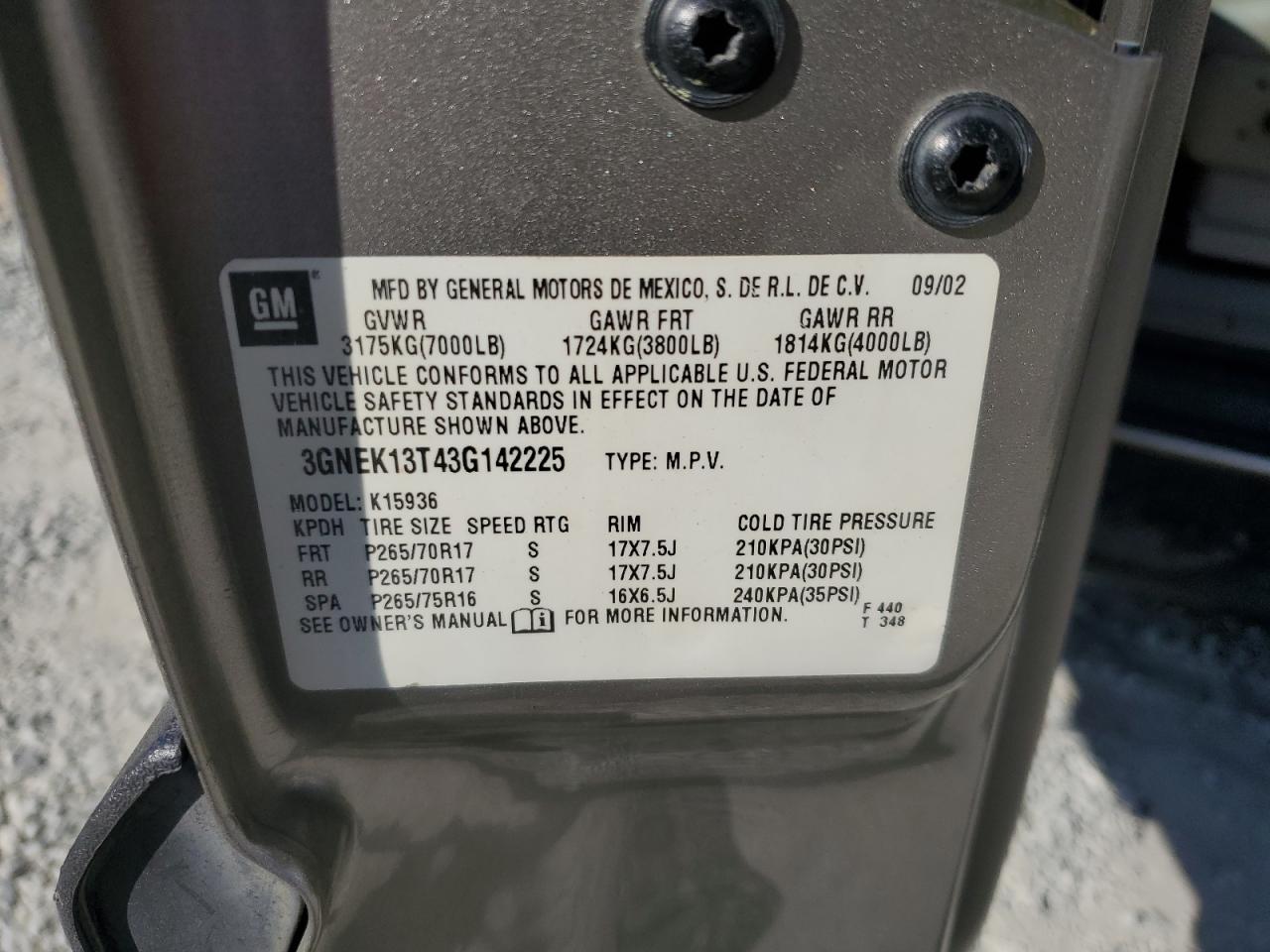 2003 Chevrolet Avalanche K1500 VIN: 3GNEK13T43G142225 Lot: 82713705