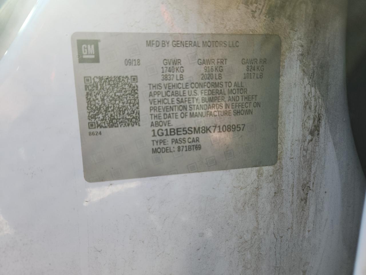 2019 Chevrolet Cruze Lt VIN: 1G1BE5SM8K7108957 Lot: 84986705