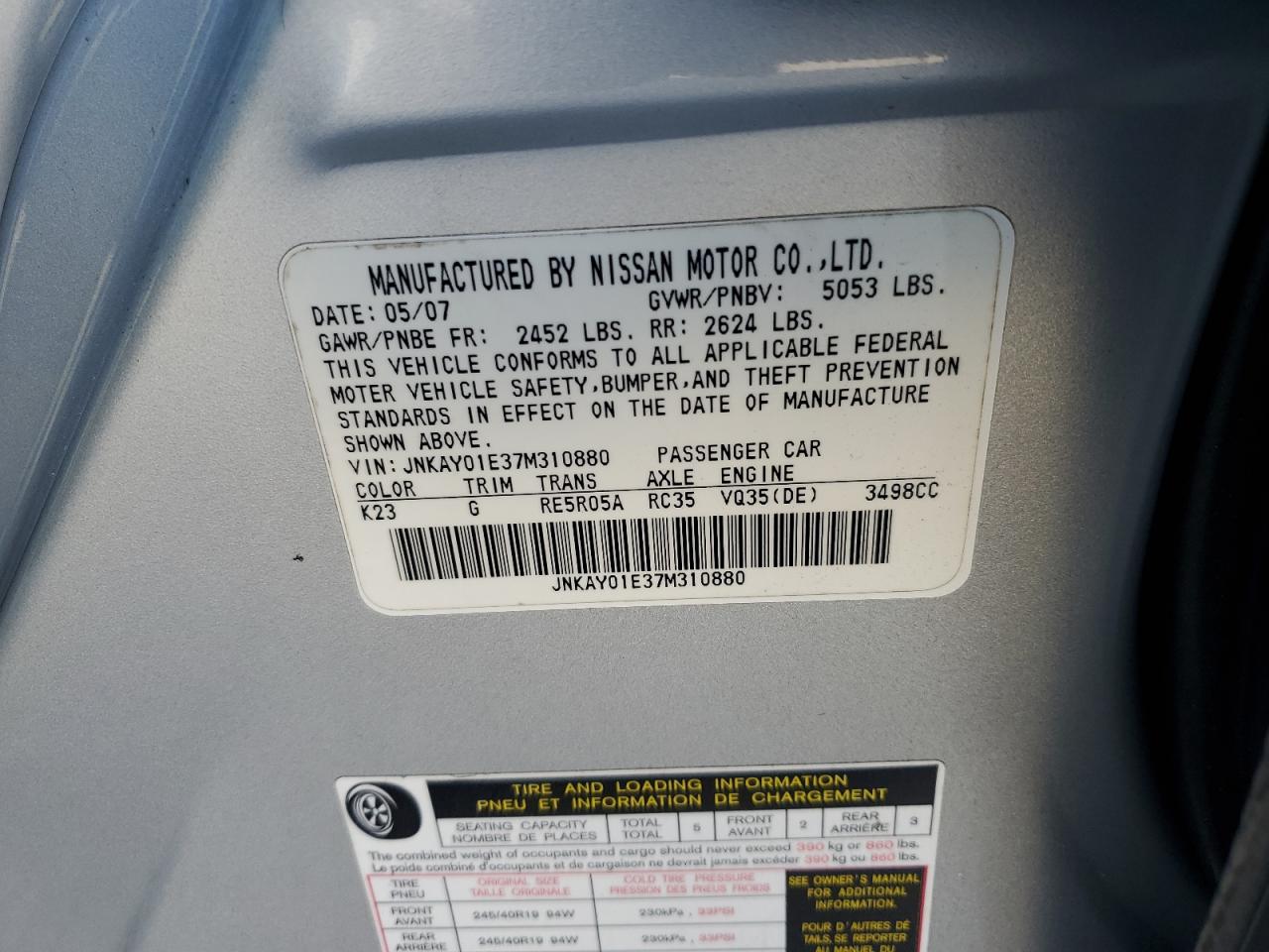 2007 Infiniti M35 Base VIN: JNKAY01E37M310880 Lot: 86782575