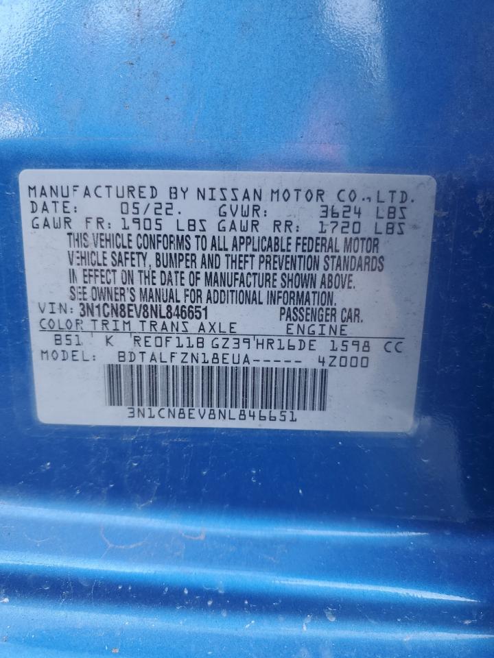 2022 Nissan Versa Sv VIN: 3N1CN8EV8NL846651 Lot: 86844525