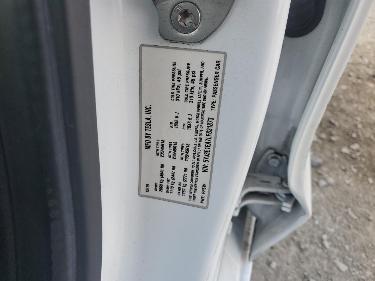 2020 Tesla Model 3 VIN: 5YJ3E1EA7LF631873 Lot: 85758425