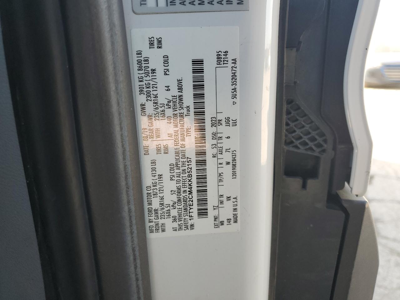 2019 Ford Transit T-150 VIN: 1FTYE2CM4KKB52157 Lot: 85081375