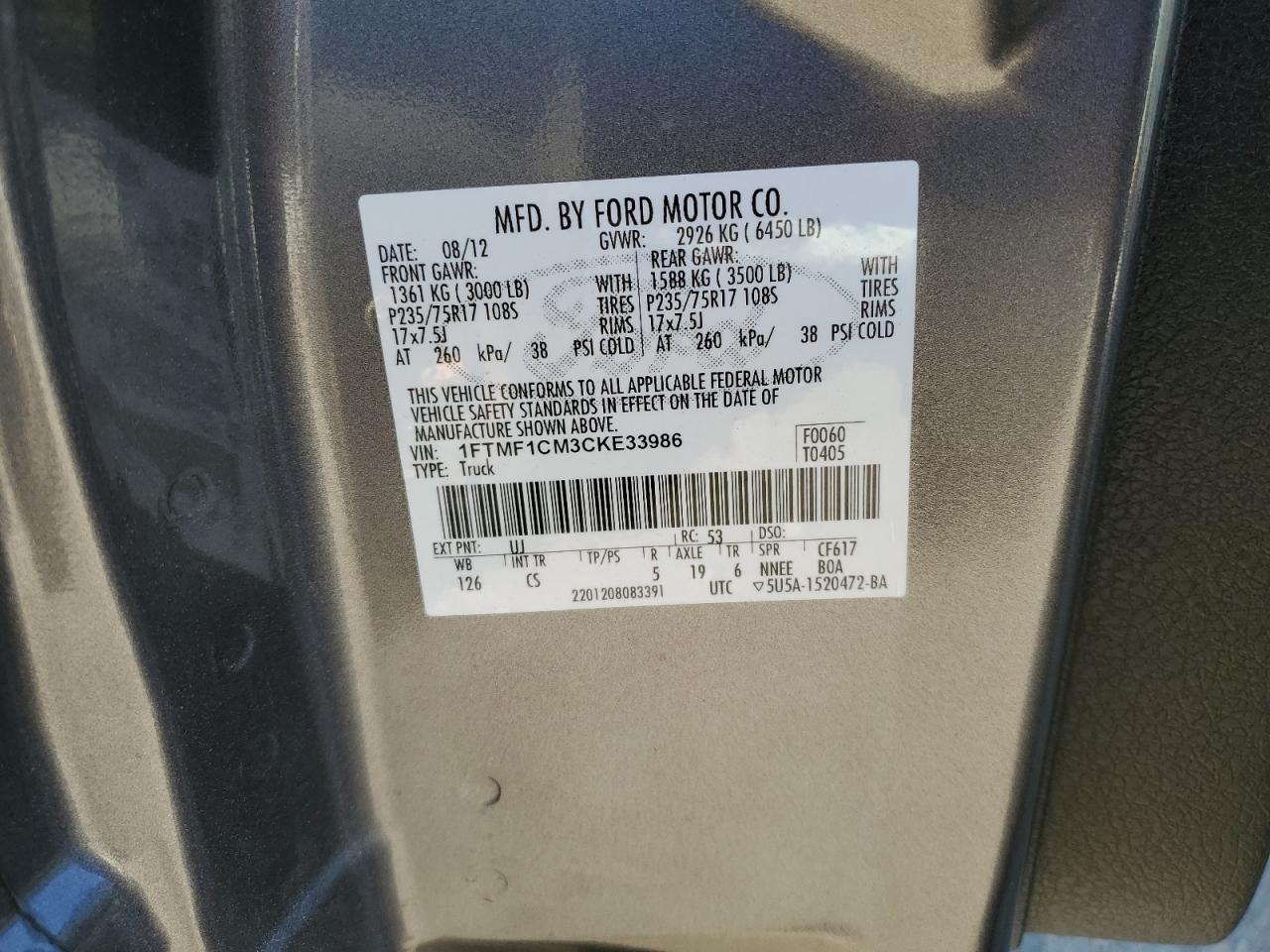 2012 Ford F150 VIN: 1FTMF1CM3CKE33986 Lot: 81839145