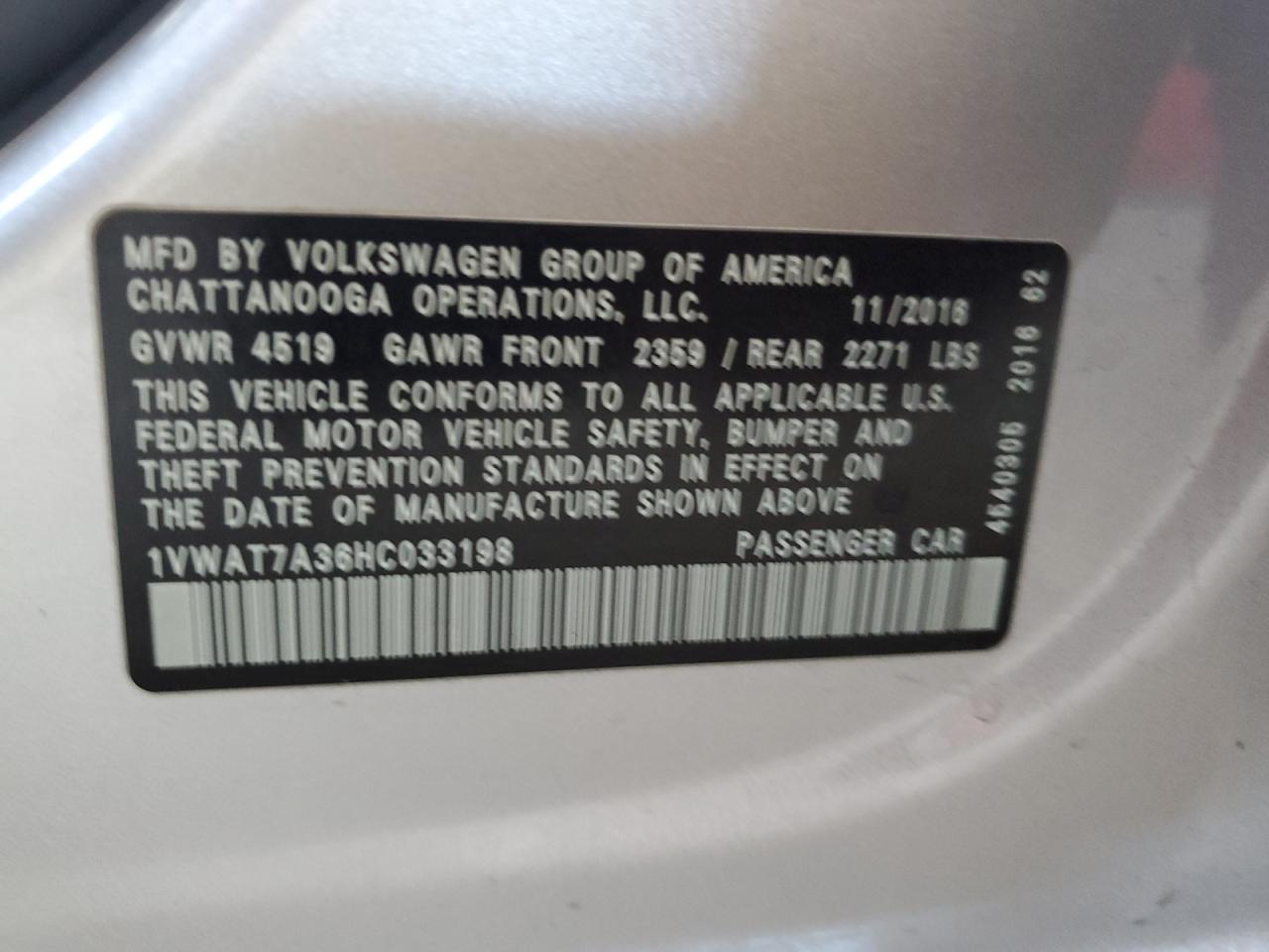 2017 Volkswagen Passat S VIN: 1VWAT7A36HC033198 Lot: 81960225