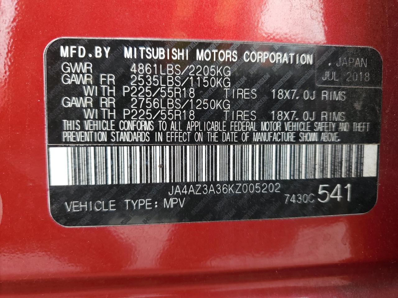 2019 Mitsubishi Outlander Se VIN: JA4AZ3A36KZ005202 Lot: 84796015