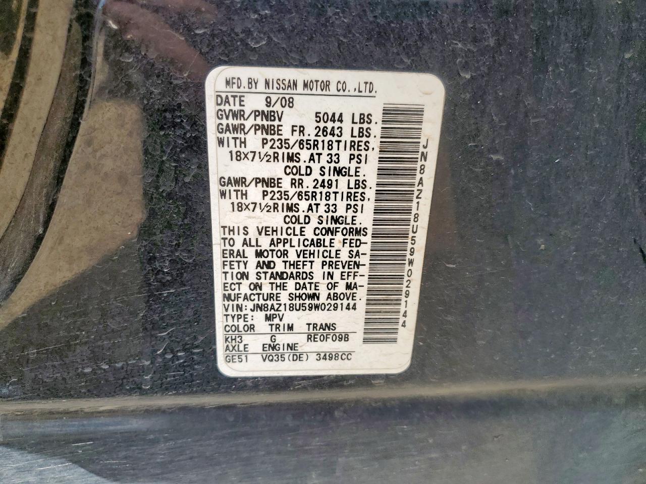 2009 Nissan Murano S VIN: JN8AZ18U59W029144 Lot: 85189775