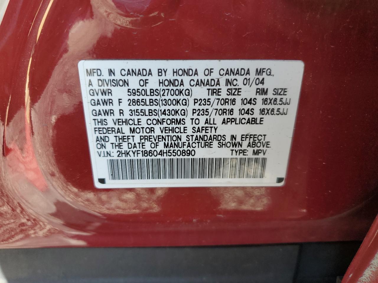 2004 Honda Pilot Exl VIN: 2HKYF18604H550890 Lot: 84917575