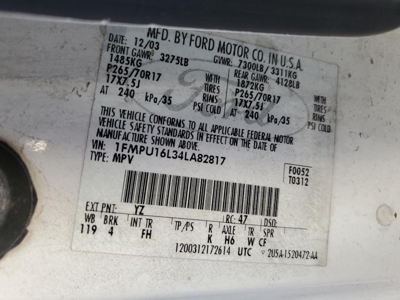 2004 Ford Expedition Xlt VIN: 1FMPU16L34LA82817 Lot: 83950925