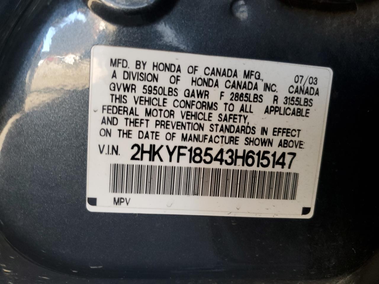 2003 Honda Pilot Exl VIN: 2HKYF18543H615147 Lot: 82251275