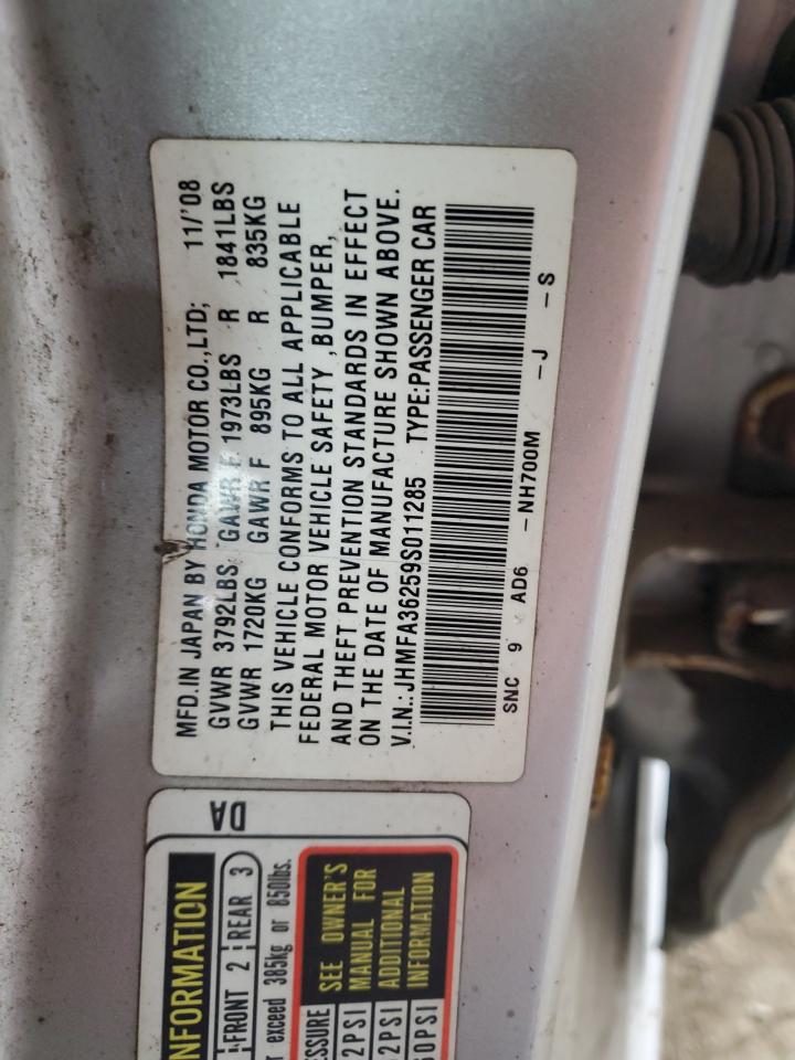 2009 Honda Civic Hybrid VIN: JHMFA36259S011285 Lot: 82524325