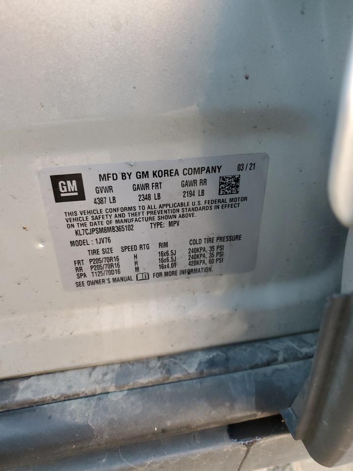 2021 Chevrolet Trax 1Lt VIN: KL7CJPSM8MB365102 Lot: 82727875