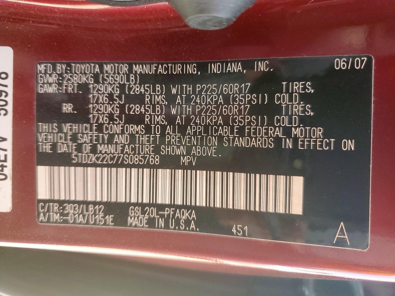 2007 Toyota Sienna Xle VIN: 5TDZK22C77S085768 Lot: 84628305