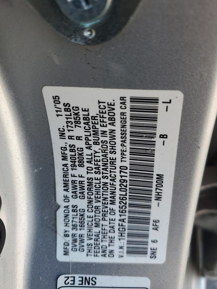 2006 Honda Civic Lx VIN: 1HGFA16526L029170 Lot: 86071805