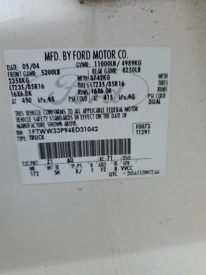 2004 Ford F350 Super Duty VIN: 1FTWW33P94ED31042 Lot: 85941325