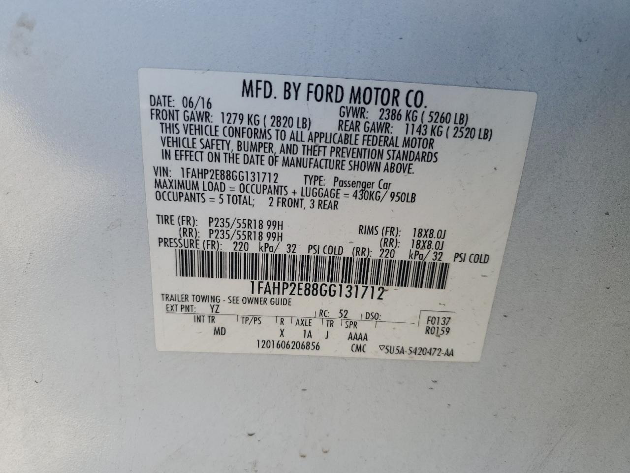 2016 Ford Taurus Sel VIN: 1FAHP2E88GG131712 Lot: 87430915