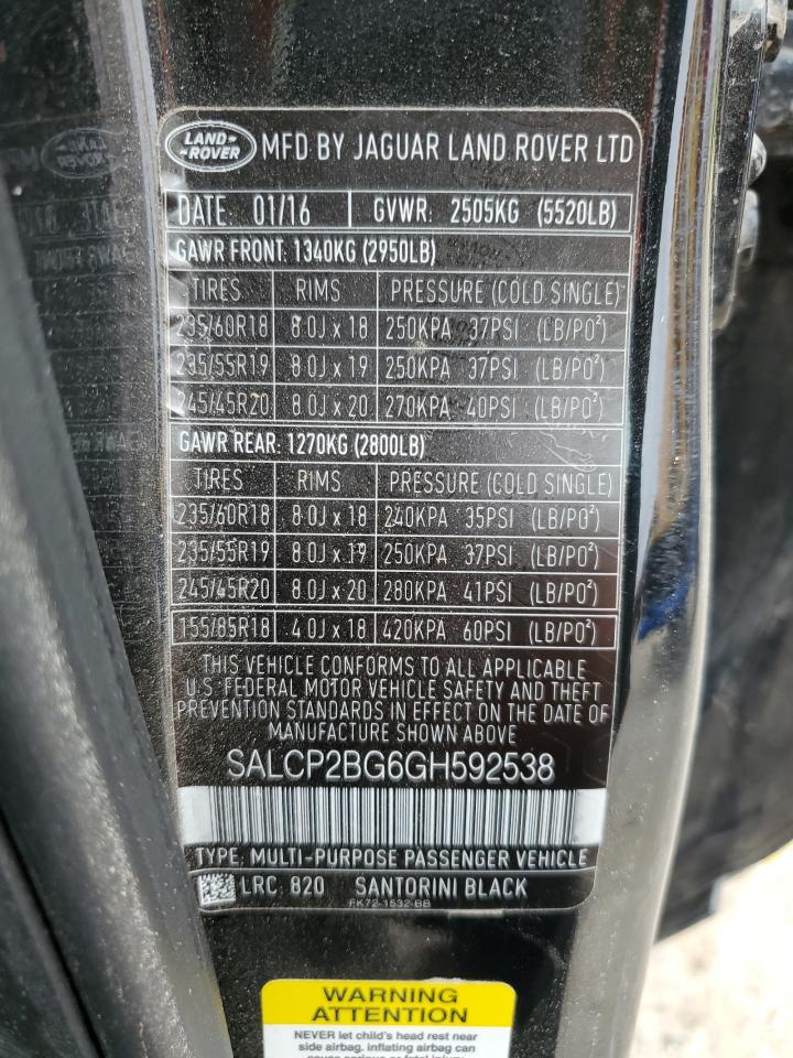 2016 Land Rover Discovery Sport Se VIN: SALCP2BG6GH592538 Lot: 90140055