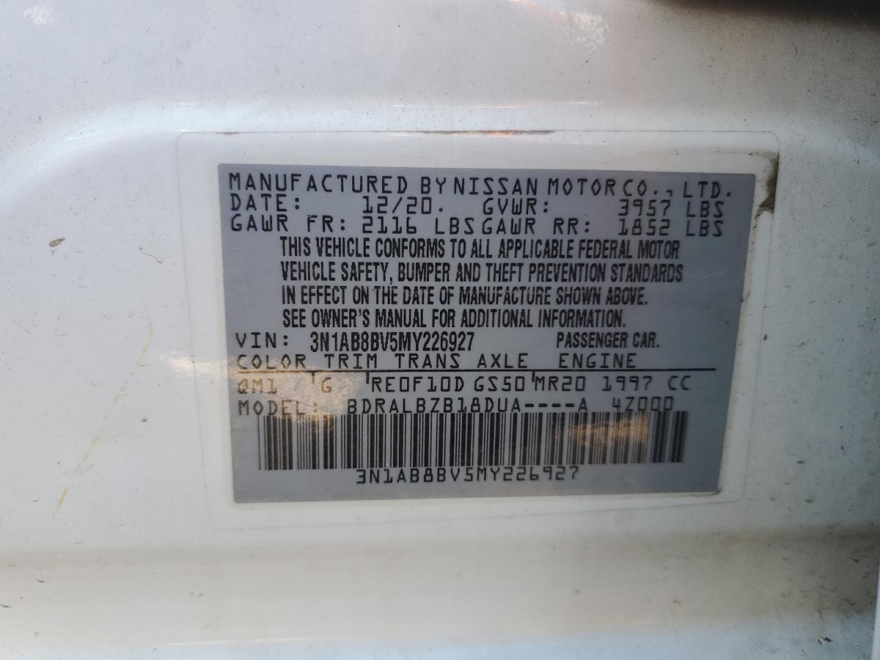 2021 Nissan Sentra S VIN: 3N1AB8BV5MY226927 Lot: 84994185