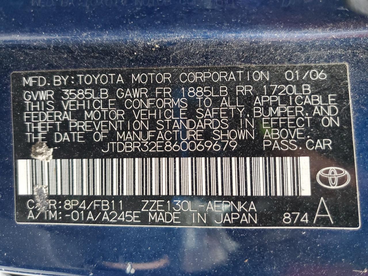 2006 Toyota Corolla Ce VIN: JTDBR32E860069679 Lot: 86106995