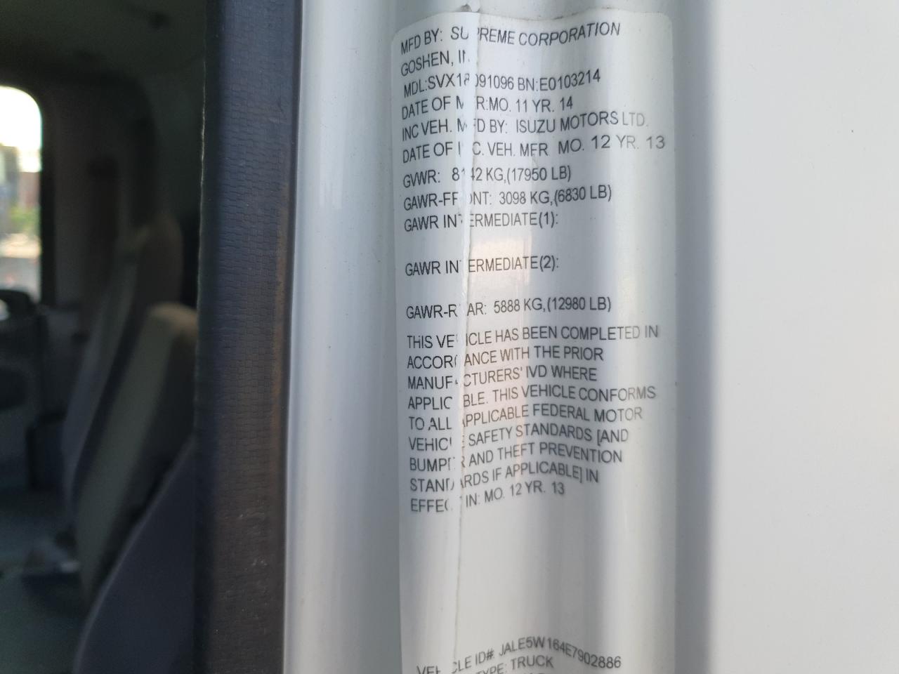 2014 Isuzu Nqr VIN: JALE5W164E7902886 Lot: 84890485